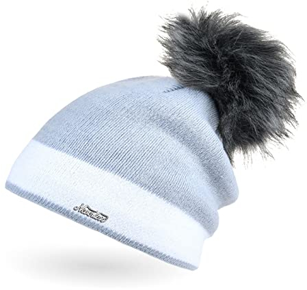 Neverless Damen Strick-Mütze gefüttert mit Fell-Bommel Kunstfell Winter-Mütze Feinstrick Glitzer-Garn Bommelmütze hellblau-weiß Unisize