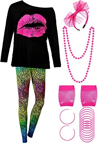 80er Jahre Damen Kostüm Set, T Shirt, Legging Hose Ohrring Halskette Handschuhe Armband(Lange Ärmel Leopard,M)
