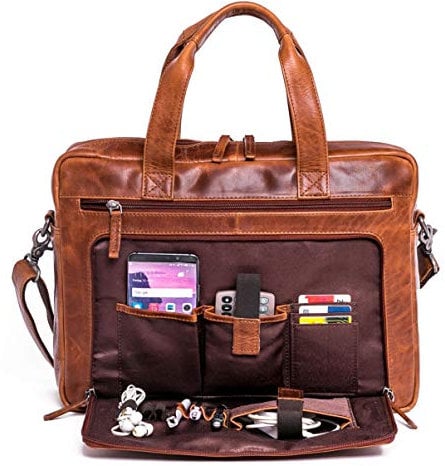 ALMADIH Leder Laptoptasche Aktentasche BRUNO antik - Premium Business Tasche Umhängetasche Unitasche Herren Messenger Arbeitstasche Schultertasche Dokumenten Kofferschlaufe braun (BRUNO antik)