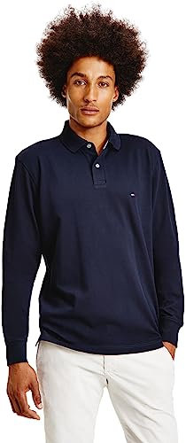 Tommy Hilfiger Men’s Regular Fit Long Sleeve Polo Shirt with Button Placket, Blue (Desert Sky), L