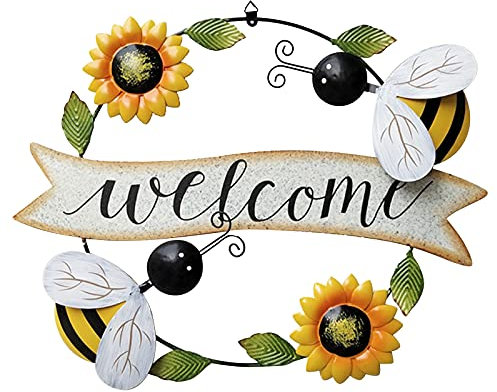DriSubt Metall Willkommensschild Gartenschilder Metall Türschild Willkommen Deko Künstliche Schmiedeeisen Biene Sonnenblume Käfer Begrüßung (Willkommensschild für Sonnenblumen und Bienen)