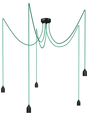 Relight Pendelleuchte 5-flammig Kraken (höhenverstellbar), E27 Lampenfassungen aus Bakelit, 5x 1.5 Meter Textilkabel Grün