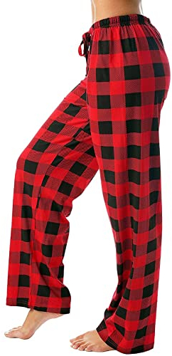 JJggsi4 Freizeithose Damen Schlafanzughose mit Taschen und Kordelzug Fitness Stretch Drawstring Hosen Karierte Schlafhose weich Pyjamahose Weites Bein trandhose Lange gerade Haushose