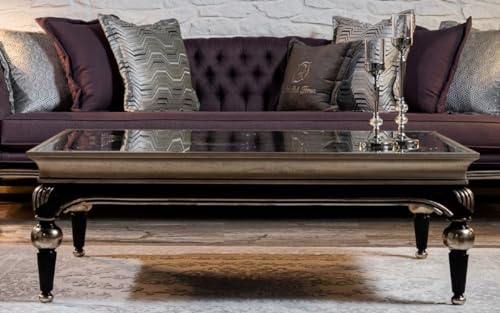 Casa Padrino Luxus Barock Couchtisch Silber/Schwarz - Handgefertigter Massivholz Wohnzimmertisch mit Glasplatte - Barock Wohnzimmer Möbel