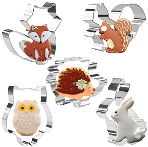 KAISHANE 5 Pieces Animals Cookie Cutters Shapes for Baking Fox,Owl,Rabbit,Squirrel and Hedgehog Shape Woodland Cookie Cutter Set for Baking