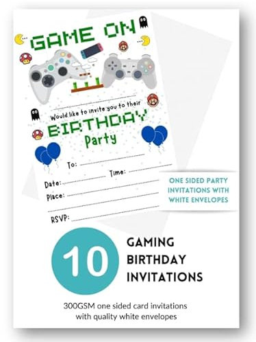 Second Ave 10 Pack Gamer Gaming Birthday Party Invitations Invite With Envelopes For Children Boys or Girls