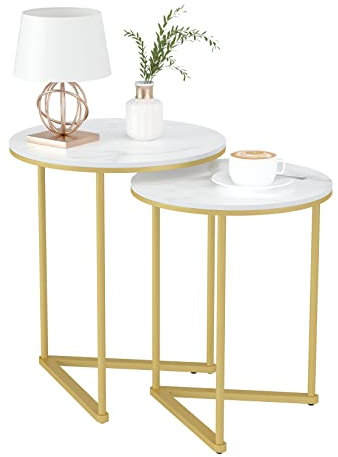 FATIVO Satztisch 2er Set Marmor: Rund Gold Beistelltisch Set - Couchtisch Weiß Wohnzimmertisch mit Gold Eisenrahmen fürs Wohnzimmer, größer Tisch 45x55cm und Kleiner Tisch 40x51cm