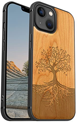 Carveit Coque magnétique pour iPhone 13 [amulette Cerise] [Pare-Chocs en TPU Souple] Coque de téléphone Antichoc Compatible avec 13 Magsafe Coque Bois (Arbre avec des Racines)