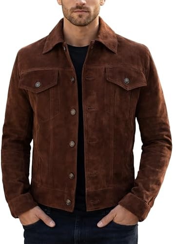 Fashion_First Veste de motard en daim marron pour homme style cowboy western en daim véritable de chèvre