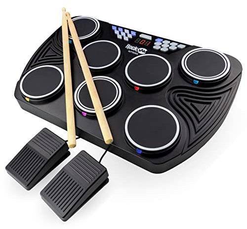 RockJam Rechargeable Bluetooth Midi 7 Pad Tabletop Digital Drum Kit with 2 Drum Pedals, Drumsticks
