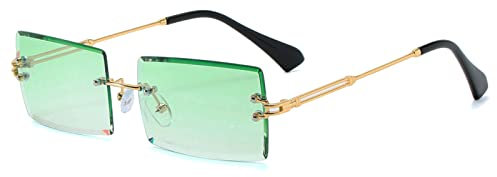 YUELUQU Retro Rimless Rectangle Sunglasses for Women Men Transparent Glasses Y2K Vintage Eyewear (Gold green)
