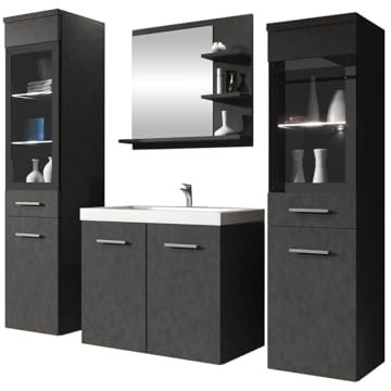 Mirjan24 Badmöbel Set Madrit I mit Waschbecken und Siphon, Badezimmer, Komplettprogramme für Badezimmer, Spiegel, Waschtisch, Hochschrank (mit weißer LED Beleuchtung, Matera)