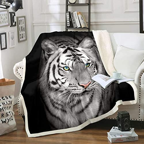 Tiger Drucken Wohndecke 150x200cm Kinder Jungen Karikatur Wild Tier Kuscheldecke Mädchen Weißer Tiger Flanell Fleecedecke Bett Sofa Dekor Kollektion Flauschige Decke weiß Grau Wildtiere Muster
