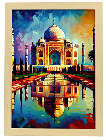 Nacnic Poster de Taj Mahal en estilo Pintura al Óleo. Ilustraciones de monumentos y ciudades en estilo fotográfico a todo color. Diseño y Decoración de Interiores. A4 Marcos Madera.