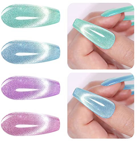 Vishine Nagellack Gel semi permanent magnet, ein Satz von 4 holografischen Flash Katze Auge Nagellack Cat Eye UV semi permanent Flash Aurora Schnee Cat Eye Nagelkunst 8ml