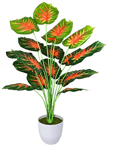 AIVORIUY Kunstpflanzen Groß Areca Kunstpalme im Topf Plastik Künstliche Pflanze Tropical Palme mit Blättern Grün Fake Plant für Schlafzimmer Büro Garten Hochzeit Dekor (77cm Rot Grün)