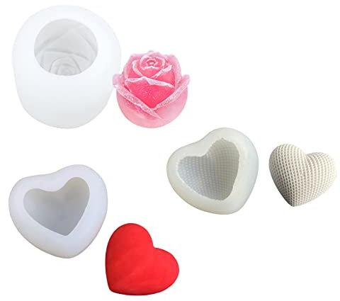 3 Stück Kerzenform Silikon, 3D Kerzenform Rosen Herz, DIY Blumen Kerzen Formen, Silikon Liebe Rose Kerzengießformen, Kerzenformen zum Gießen für Fondant Schokoladen Mousse Kuchen Dekoration