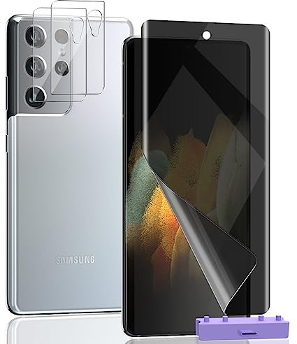 Zerrshoo Protection d'écran pour Samsung Galaxy S21 Ultra 5G, S21 Ultra Flexible TPU Anti Espion 1 Pièces et S21 Ultra Verre Trempé Protection d'objectif 2 Pièces. Facile à Installer, Confidentialité