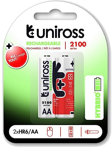 Uniross Pack de 2 Piles Rechargeables AA/HR6 2100 NIMH HYBRIO, 1.2V