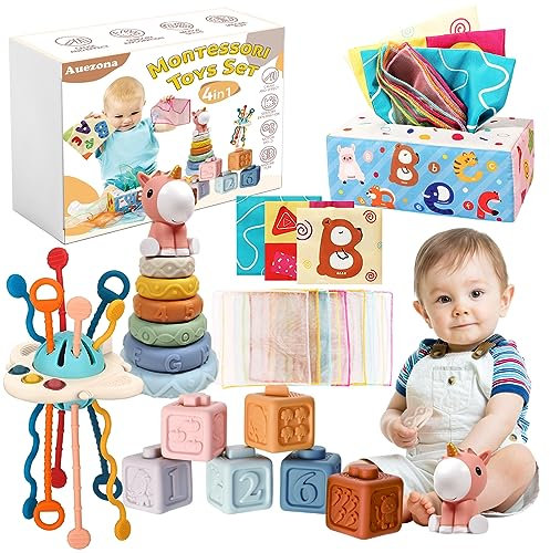Auezona - Juguetes Sensoriales Montessori 4 in 1, Bloques Apilables, Caja de pañuelos, Juguetes Educativos para Bebes y Niños de 6 Meses a 3 Años.