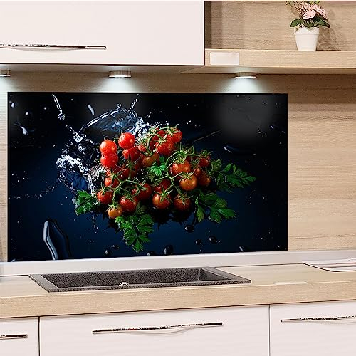 GRAZDesign Spritzschutz Küchenrückwand Glas Küche für Herd & Küchenspüle, Schwarz mit Tomaten | Glasplatte für Rückwand Küchenwand Wandschutz | 80x50cm