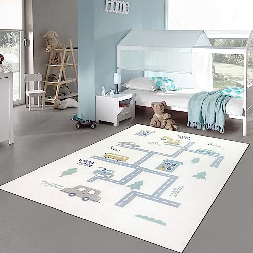 Teppich-Traum Spielteppich Autospielmatte Kinderteppich weich Auto Bagger Straße schmutzabweisend in Creme 120x170 cm
