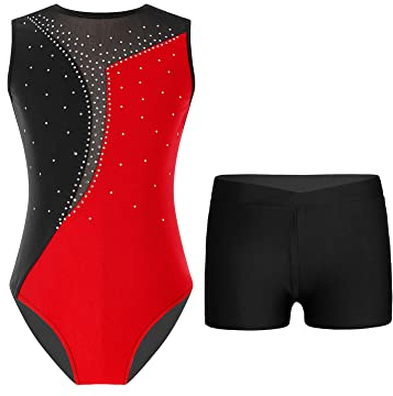 iEFiEL Mädchen Glitzer Turnanzug Ärmellose Leotards Rückenfrei Ballettanzug mit Strass Ballettkleidung Gymnastikbody Tanzkostüm Vc Rot schwarz 158-164