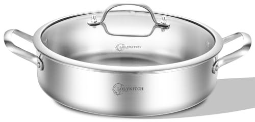 LOLYKITCH 11 Incn Tri-Ply Stainless Steel 5 QT Sauté Pan with Lid,Deep Frying pan,Large Skillet,Jumbo Cooker,Induction Pot,Dishwasher and Oven Safe.