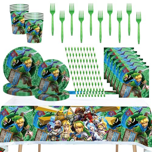 CBOSNF 62 Stück Legende von Zel-da Partygeschirr Gebutstag Party Set Zel-da Party Supplies Spiele Geburtstagsdeko Gebutstag Banner Teller Tasse Tischdecke Partygeschirr HN3080