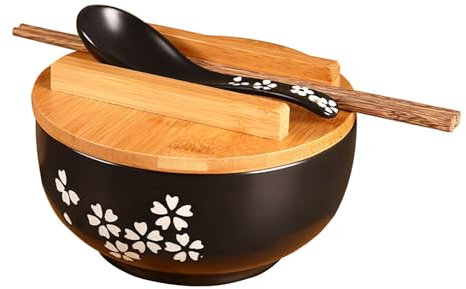 Bol japonais en céramique, bols à céréales, bols en porcelaine avec couvercle, bol à ramen vintage avec couvercle, bol à nouilles, bol à salade, bol à soupe avec couvercle en bois (noir, blanc) ( Colo