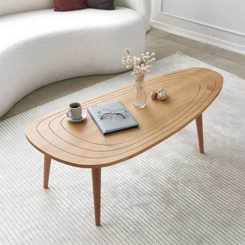 FAWdecor Ovaler Couchtisch aus Massivholz, gravierter Holz-Mitteltisch, moderner Surfbrett-Tisch, ästhetischer niedriger Couchtisch, Vintage-Wohnzimmermöbel (Natur)