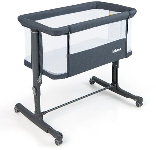 LIFEZEAL 3 in 1 Beistellbett, 5-stufig höhenverstellbares Babybett, Babywiege Stubenwagen mit Matratze, Mobiler Reisebett auf Rollen mit Tragetasch, Kinderbett für Baby ab Geburt bis 9 kg (Dunkelgrau)