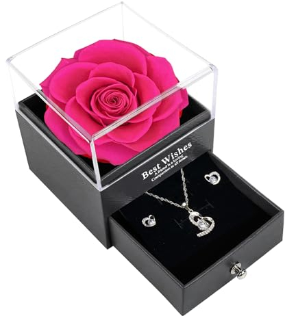 Preserved Real Rose Gifts for Women,Mum,Wife,Eternal Flowers Rose with Heart Pendant Necklace Earrings Set,Gifts for her on Birthday, Anniversary, Valentine's Day, Mother's Day, Christmas (Rose)