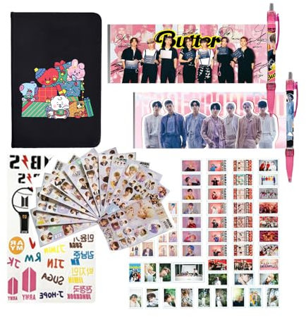 Bangtan Geschenk-Set für Fans, 1 x Cartoon-Notizbuch, 54 x Lomo-Karte, 2 x Stift, 2 x Tatoo-Aufkleber, 12 Bögen Aufkleber