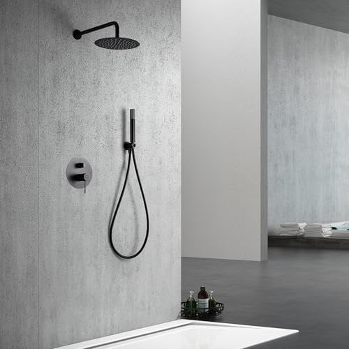 IMEX - Ducha Empotrada Negra Monomando | Kit de Grifería Empotrado con Alcachofa y Rociador Antical Efecto Lluvia | Columna Ducha Empotrada con Grifo en Latón y Acero Inox S.304 | Serie Line