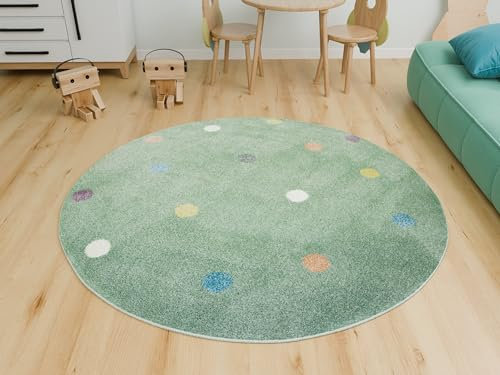 AKCILA Lima runder Kinder Teppich Minze 140 cm, Kinderzimmer Kurzflor Teppiche| Kinderteppich Mädchen| Kids Carpet |Spielteppich Kinder Babyzimmer Tepich |gepunktetes Muster |Wohnzimmer Teppich