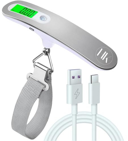 Báscula digital para equipajes y maletas hasta 50 kg de peso, por carga USB-C. Balanza portátil para viajar con pantalla LCD retroiluminada sin pilas (Blanco)