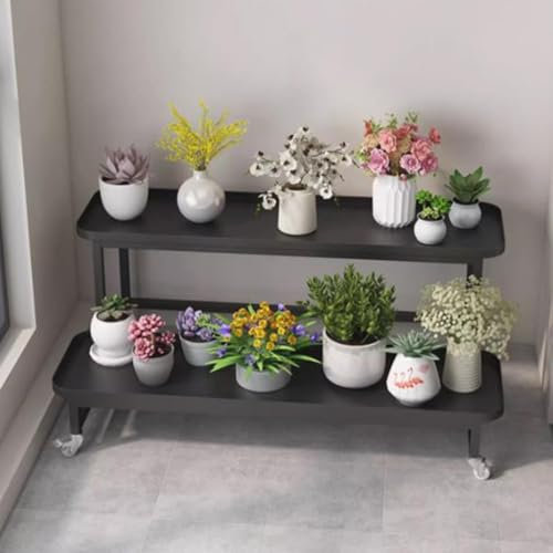 KADEUX 2 Etagen Innen Pflanzenregal, Metall Blumentreppe Gartenregal, Platzsparer Ablageregal Für Balkon, Terasse, Außen, Garten, Wetterfest(Black,80cm)