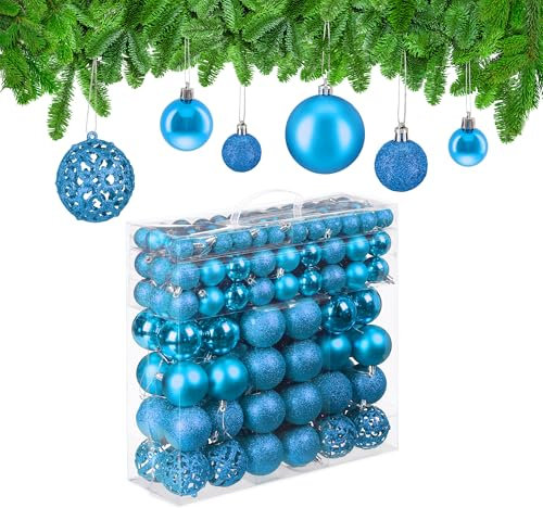 Relaxdays Weihnachtskugeln, 150er Set, glitzernde, matte & glänzende Christbaumkugeln, Kunststoff, ∅ 3, 4 & 6 cm, petrol