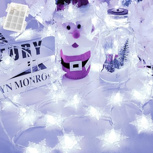 Battery Fairy Lights,Gcstnn 3M/9.84FT 20LED Christmas Snowflake String Lights Battery Powered with Timer IP65 Waterproof Lights for Bedroom Window Christmas Tree Indoor Outdoor Decorations,Cool White