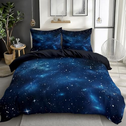 CozyRest Kinder Bettwäsche Set 240 x 220 cm, Sternenklarer Nachthimmel Sterne Bettbezug Set 3 Teilig, Weiche Microfaser Wende Schwarz Bettwäsche mit Reißverschluss und 2 x 80x80cm Kissenbezüge
