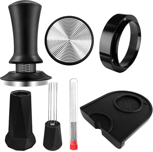 WwuHua Espresso Zubehör Set, 22pcs Tamper Set, Umfassendes Barista Zubehör Enthält 51mm Tamper,Tamper Matte, Rührlöffel, Aufschäumkrug,Rührlöffel, Latte Art Stift und Dekorative Schablonen (Oval-005F)