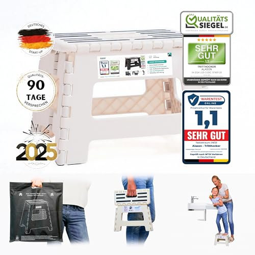 VERGLEICHSSIEGER - Alason Tritthocker Klappbar 22 cm, Belastbar bis 150 kg – Mit Aufhängehaken & Aufbewahrungstasche – Platzsparender, Faltbarer Hocker in Weiß/Beige für Zuhause, Küche, Bad & Garage