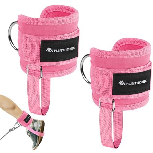 flintronic 2PCS Ankle Straps for Cable Machine, Gym Cuffs with Double Stainless Steel D-Ring, Gym Ankle Cuff with Adjustable Vel-cro for Men and Women Glute Workouts, Leg Extensions, Pink