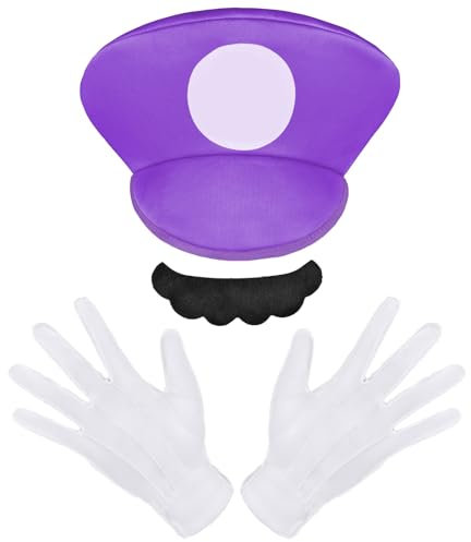 Aomig Cosplay Kostüm Zubehör Mütze, 3PC Faschingkostüme Hüte mit Schnurrbärte Handschuhe, Super-Brüder Kostüm Hut Cap für Karneval Halloween Rollenspiel Faschingkostüm Cosplay Party Weihnachten (Lila)