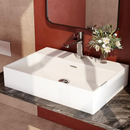 EMKE Lavabo Design Moderno – Lavabo Sospeso in Ceramica con Bordo Sottile, Lavabo per Bagno e WC Ospiti,515x360x130 mm,Bianco Lucido, Lavabo Quadrato, Lavabo da Appoggio