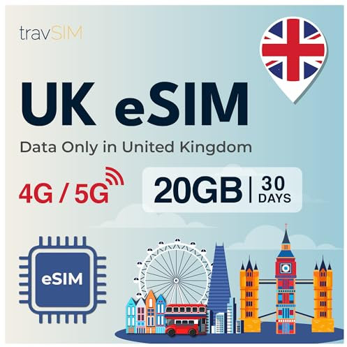 travSIM eSIM UK | 20GB Daten SIM - 30 Tage planlaufzeit | eSIM UK bietet unbegrenzten Internetzugang für Google, Facebook, Whatsapp, Instagram und mehr