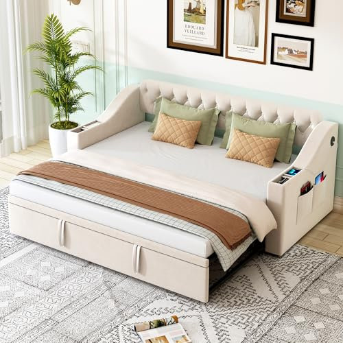 Zravenna Polsterbett Schlafsofa, 90/180 * 190 cm, Breitere und Dickere Armlehnen mit US/B, Integrierte Ablage in den Armlehnen, Mit Ablagetaschen, Mit Lattenrost, Samtstoff (Beige-A)