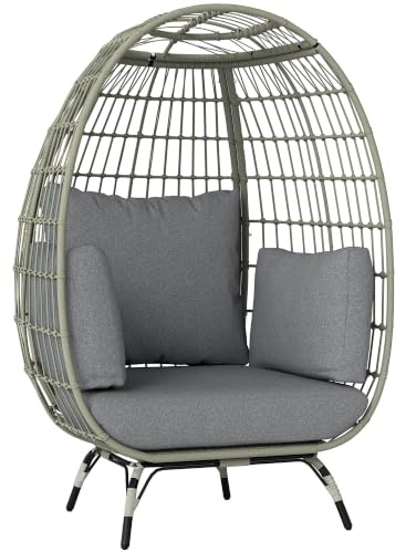 Outsunny Oversized Garden Egg Chair Outdoor Wicker Rattan Charcoal Grey | PE Rattan Chair, Thickened Padded Cushions and Pillows, for Balcony, Porch