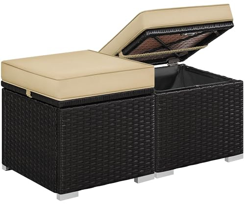 Abician Lot de 2 Tabourets Exterieur Jardin Poufs en Rotin PE Ottomanes Repose-Pied Cube avec Coussin Amovibles Espace de Rangement 40 x 40 x 41 cm pour Jardin, Piscine, Terrasse Marron/Kaki